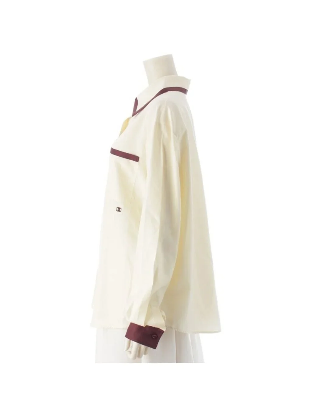 Chanel CC Logo Twill Blouse Long Sleeve Shirt Light Yellow Burgundy 42